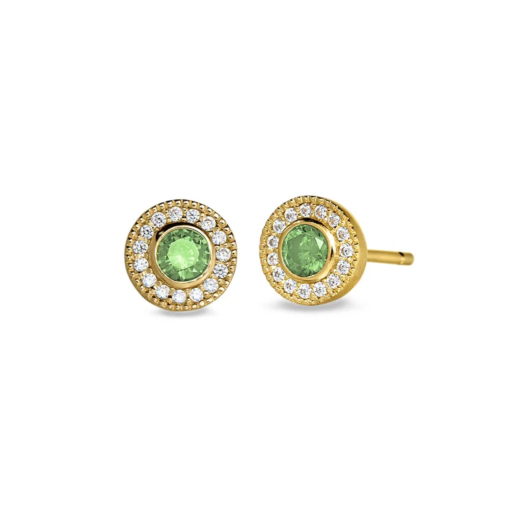 Ladies earrings pastel tones -Gold Finish Sterling Silver Micropave Round Simulated Peridot Earrings with Simulated Diamonds