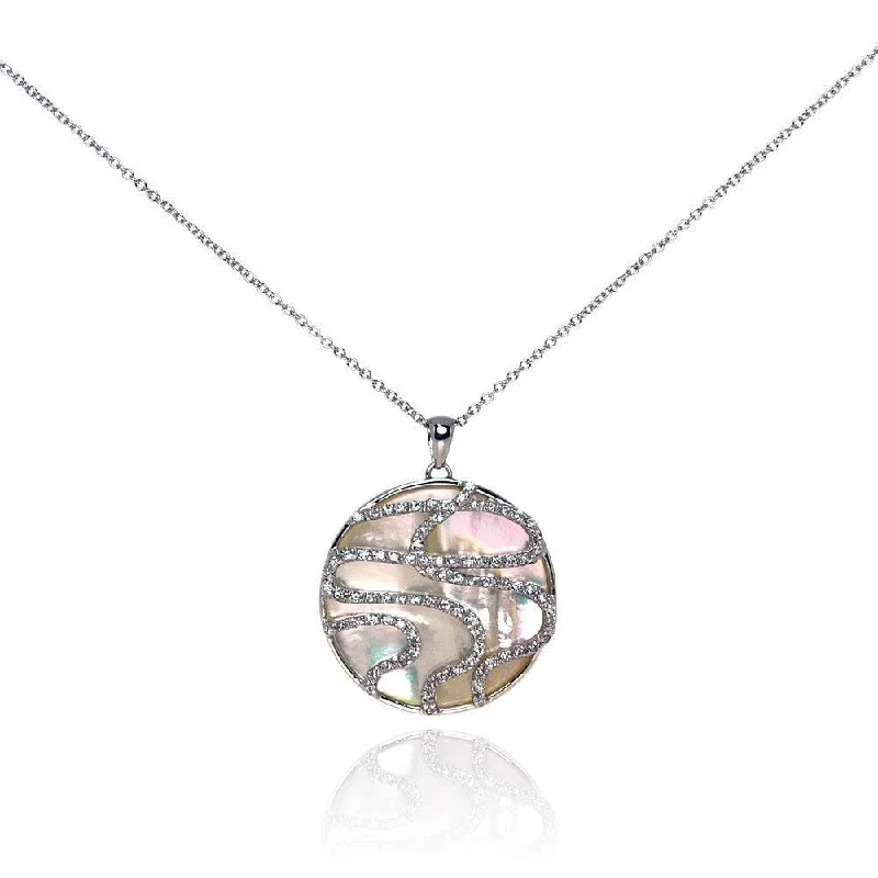 ladies necklaces stores-Silver 925 Clear CZ Mother Pearl Rhodium Plated Round Pendant Necklace - BGP00115