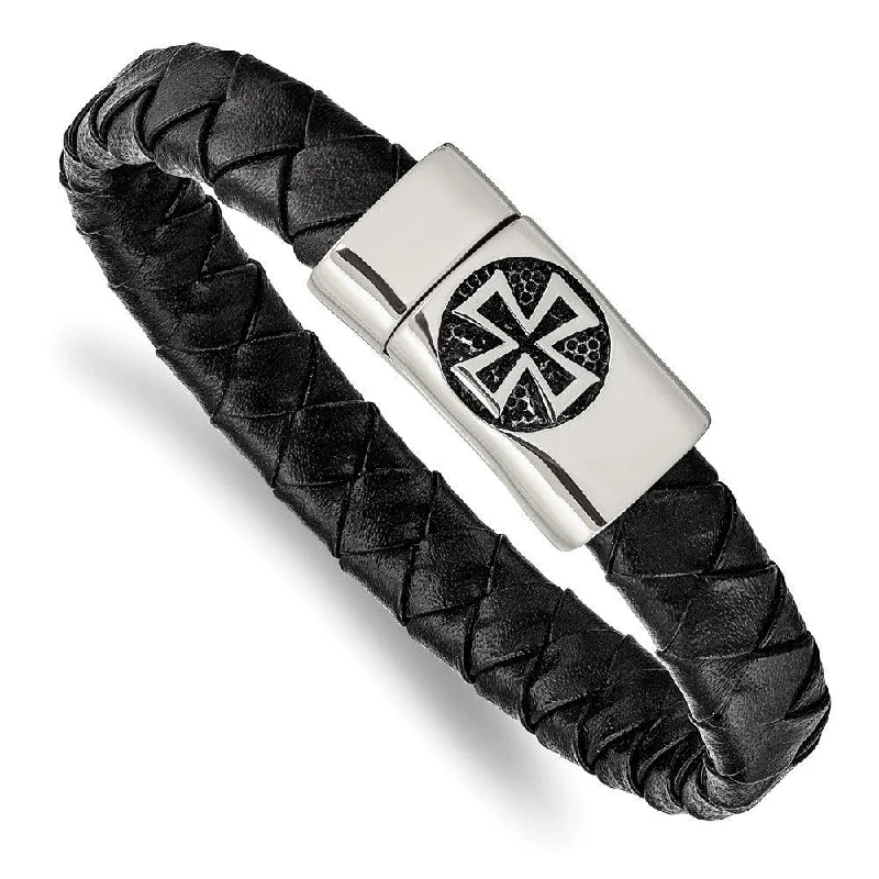 ladies bracelets outdoor-Stainless Steel Antiqued and Polished Cross Black Leather 8.5in Bracelet