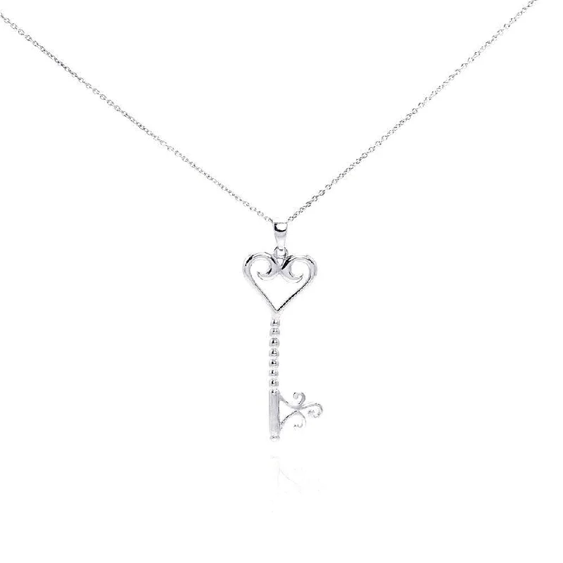 ladies necklaces heart shaped-Silver 925 Rhodium Plated Clear CZ Key Heart Pendant Necklace - STP00996