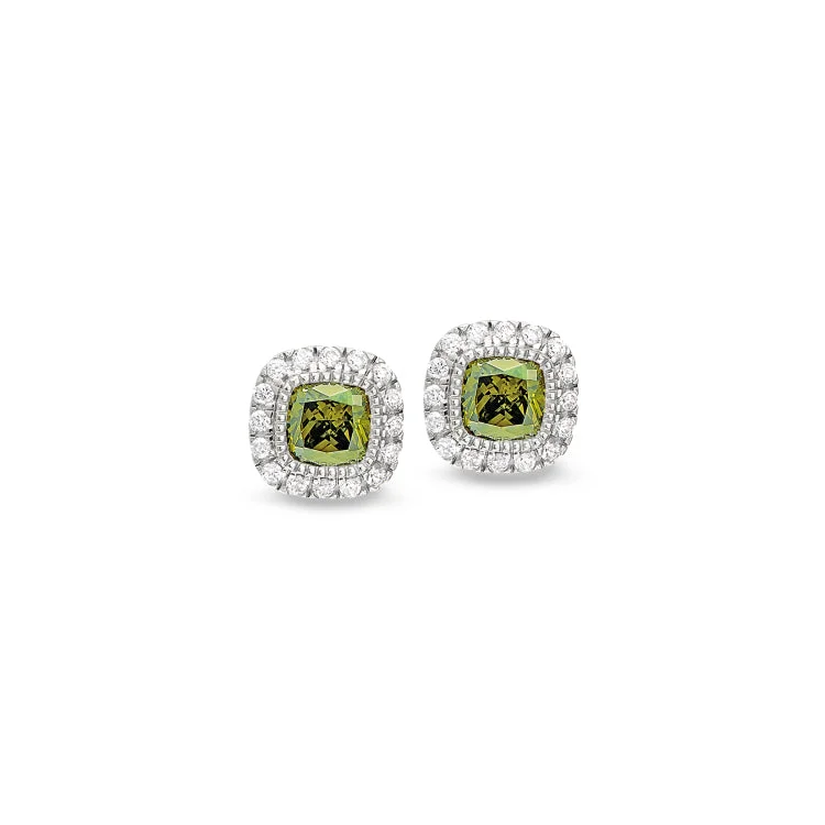 Ladies earrings evening wear -Platinum Finish Sterling Silver Micropave Simulated Peridot Earrings with Simulated Diamonds