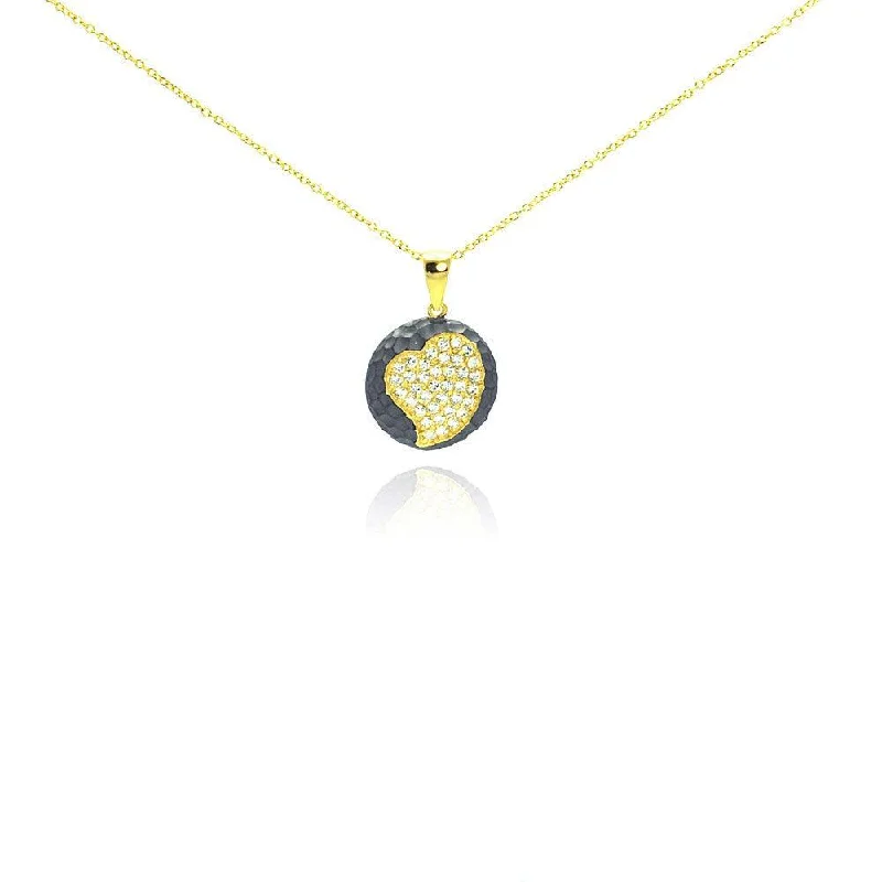 ladies necklaces chic-Clearance-Silver 925 Gold Plated and Matte Black Rhodium Finish Heart Clear CZ Hammered Round Onyx Pendant Necklace - STP00990