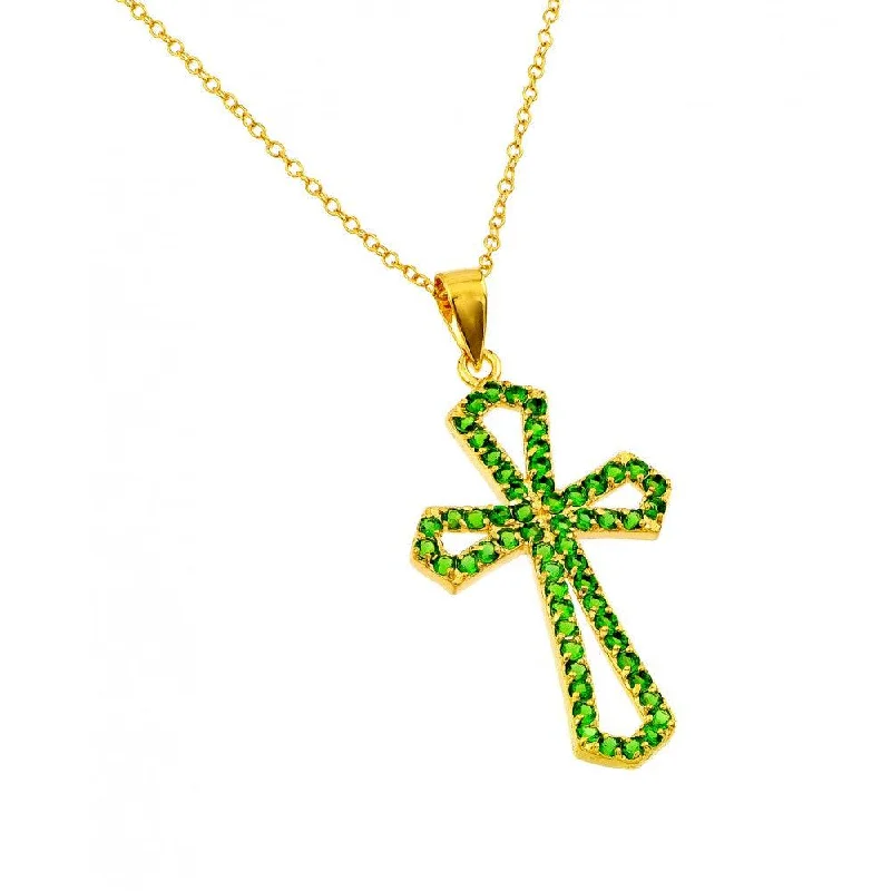 ladies necklaces antique-Silver 925 Gold Plated Cross with Green CZ stones Pendant Necklace - BGP00895