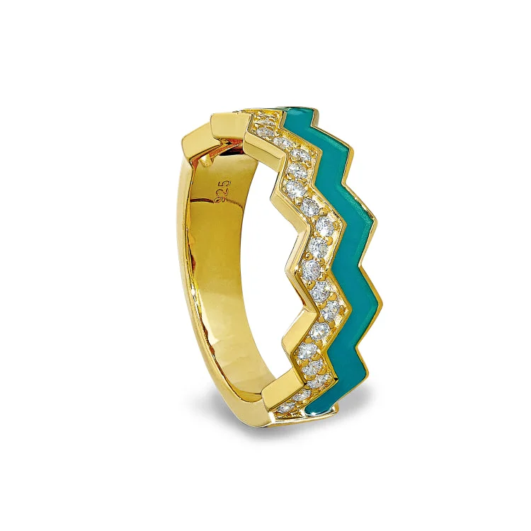 Ladies rings woven design -Gold Vermeil Sterling Silver Micropave Ring with with Turquoise Enamel and Simulated Diamondss