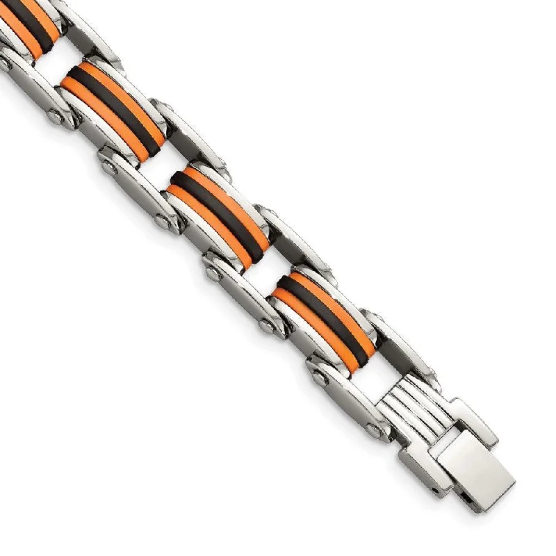 ladies bracelets thick-Stainless Steel Black & Orange Polyurethane 8.75in Bracelet