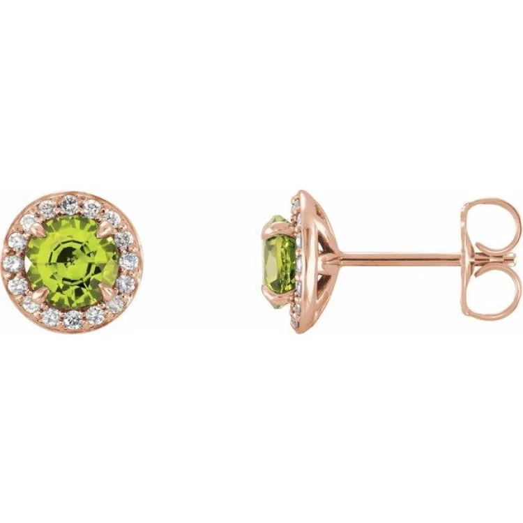 Ladies earrings travel theme -14K Rose 5 mm Natural Peridot & 1/8 CTW Natural Diamond Earrings