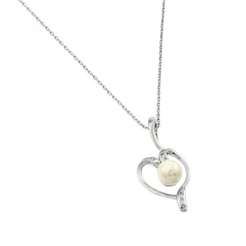 ladies necklaces oval-Silver 925 Rhodium Plated Open Heart CZ Center Pearl Necklace - BGP00611