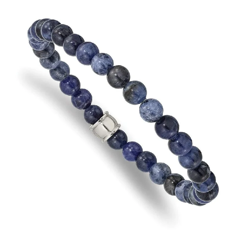 ladies bracelets pearl-Stainless Steel Polished Blue Sodalite Stretch Bracelet