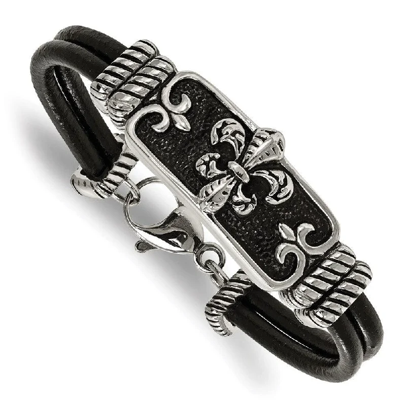 ladies bracelets understated-Stainless Steel Polished Antiqued Fleur De Lis Black Leather Bracelet