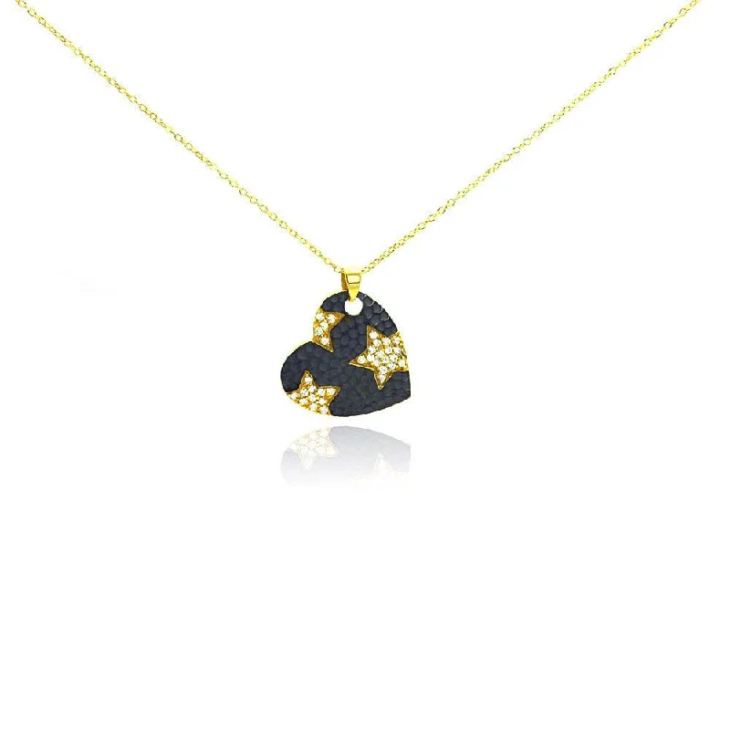 ladies necklaces cultural-Clearance-Silver 925 Gold Plated and Matte Black Rhodium Finish Clear CZ Star Heart Pendant Necklace - STP00987