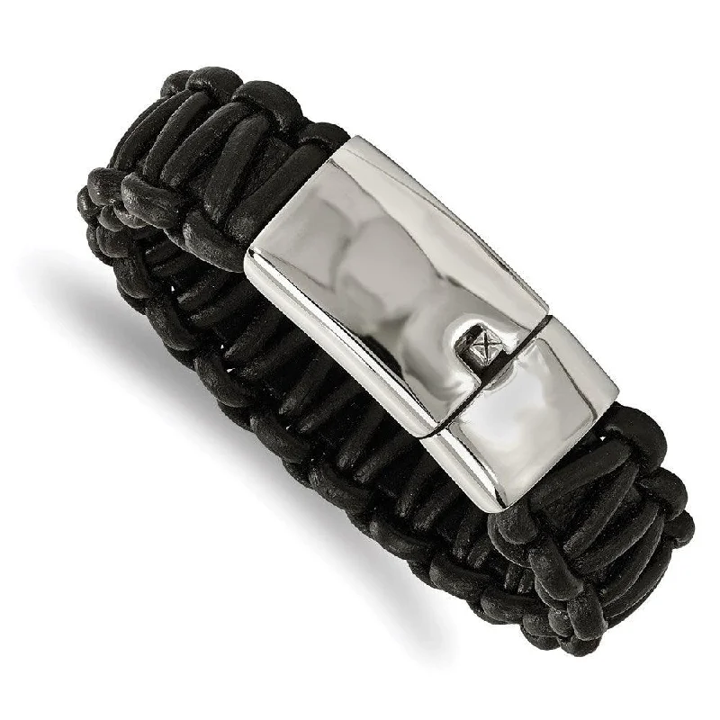 ladies bracelets heart shaped-Stainless Steel Polished Rounded Braided Black Leather Bracelet