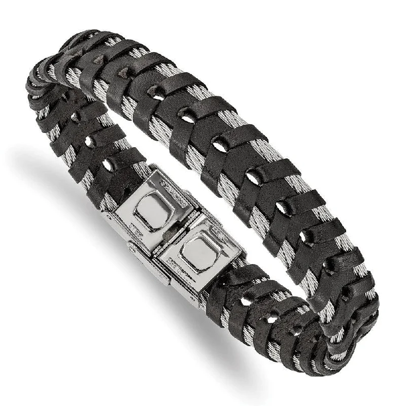 ladies bracelets futuristic-Stainless Steel Polished Braided Black Leather and Wire 8.25in Bracelet