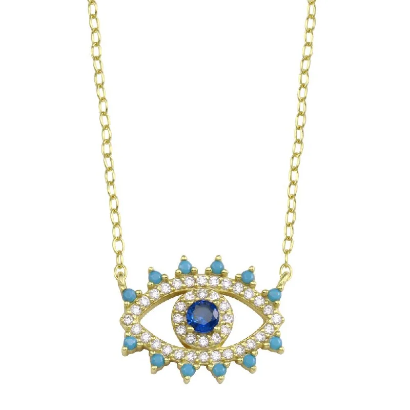 ladies necklaces chic-Gold Plated 925 Sterling Silver Evil Eye Blue CZ Necklace - STP01772GP