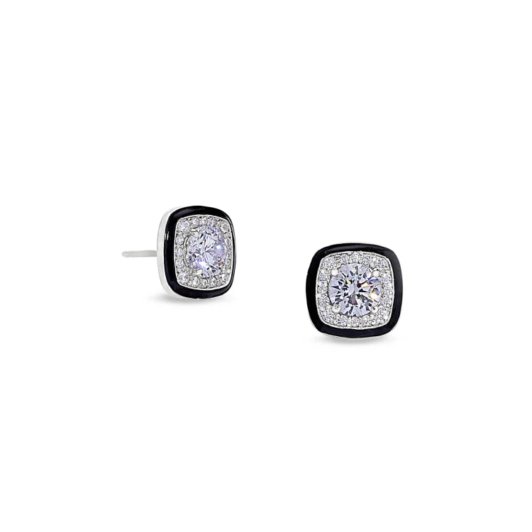 Ladies earrings halloween theme -Platinum Finish Sterling Silver Micropave Cushion Cut Earrings with Thin Black Enamel and Simulated Diamonds