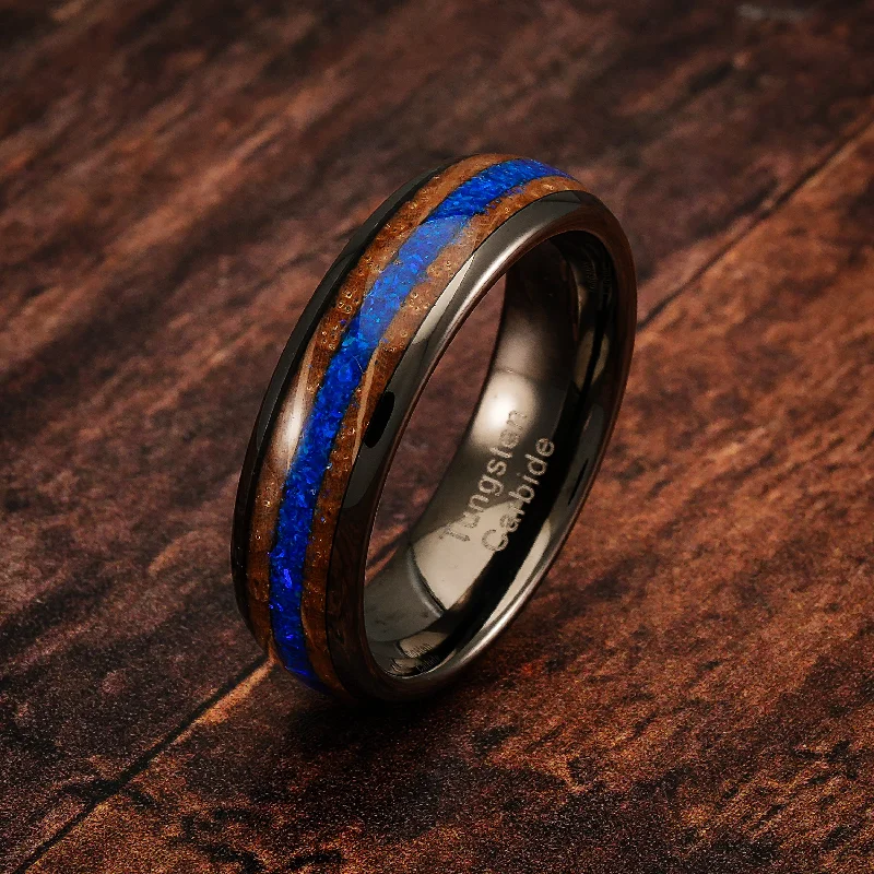 Ladies engagement rings woodland theme -100S JEWELRY 6mm Gunmetal Tungsten Rings for Men & Women: Unique Blue Opal & Whiskey Barrel Inlay - Durable Wedding, Engagement, Promise Band - Available in Sizes 6-13