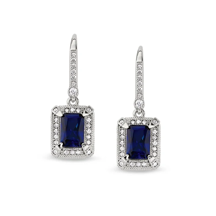 Ladies earrings polymer clay -Platinum Finish Sterling Silver Micropave Emerald Cut Synthetic Blue Sapphire Earrings with Simulated Diamonds