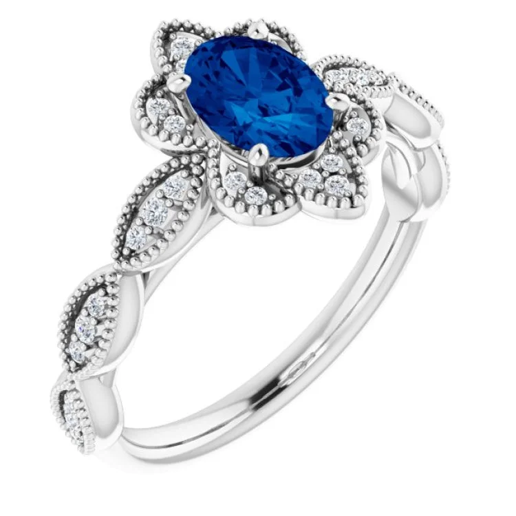 Ladies rings turquoise gem -14K White Lab-Grown Blue Sapphire & 1/8 CTW Natural Diamond Ring