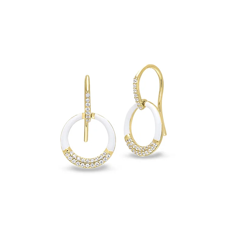 Ladies earrings onyx black -Gold Vermeil Sterling Silver Micropave White Enamel Open Circle Drop Earrings with Simulated Diamonds