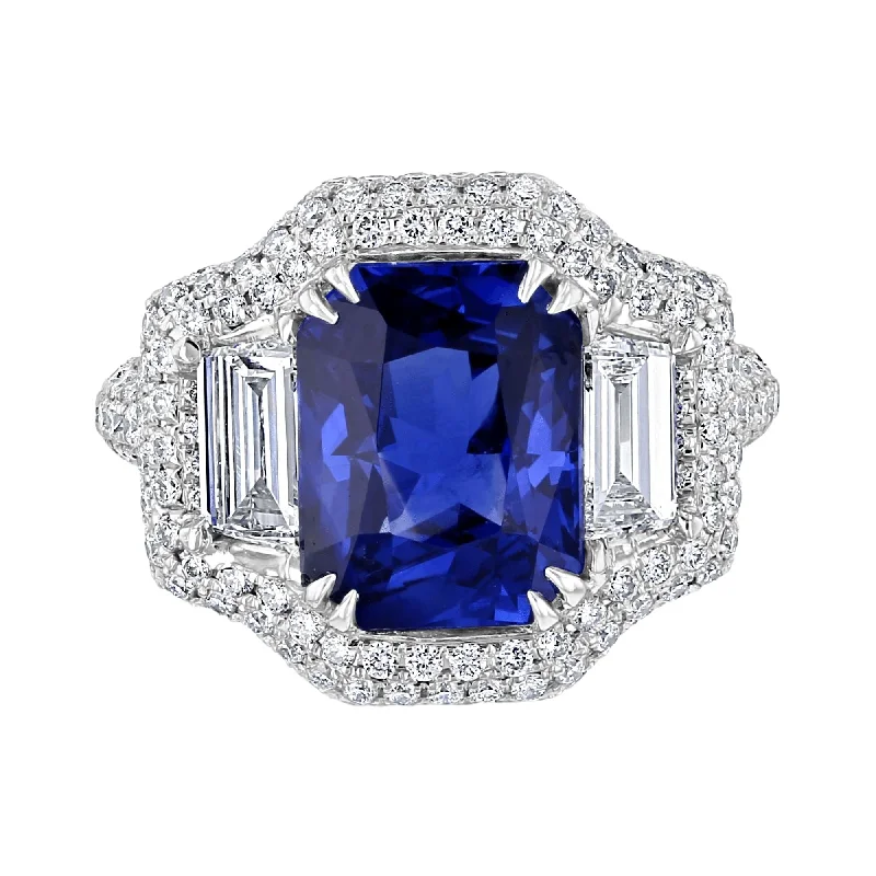 Ladies rings topaz blue -JULEVE 4.78 CT SAPPHIRE & 2.04 CTW DIAMOND 3 STONE HALO RING