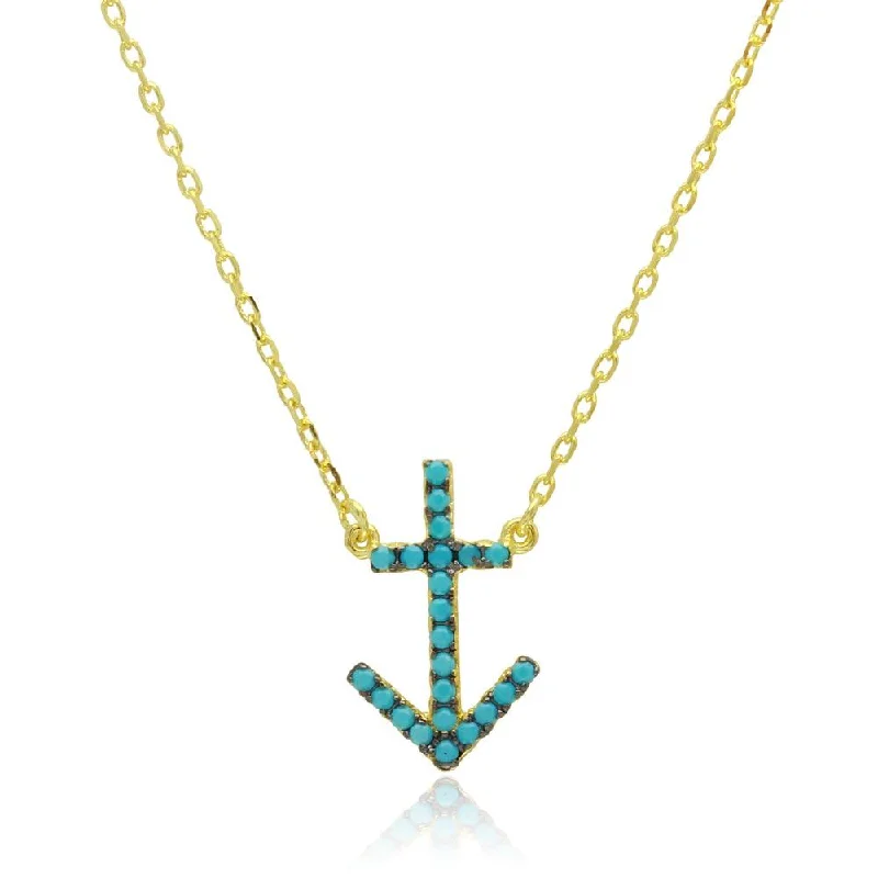 ladies necklaces investment-Gold Plated 925 Sterling Silver Anchor Necklace with Turquoise Beads - BGP01206