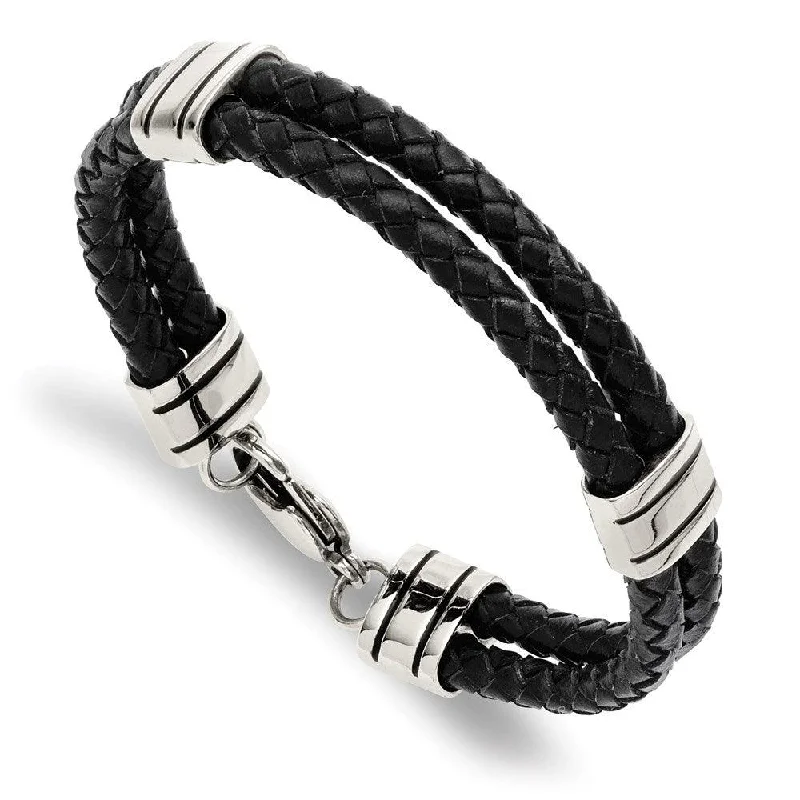 ladies bracelets kay-Stainless Steel Black Leather 9in Bracelet