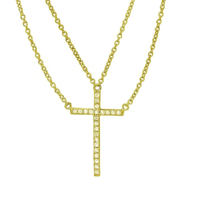 ladies necklaces eye catching-Gold Plated 925 Sterling Silver Multi Chain CZ Cross Necklace - STP01522GP