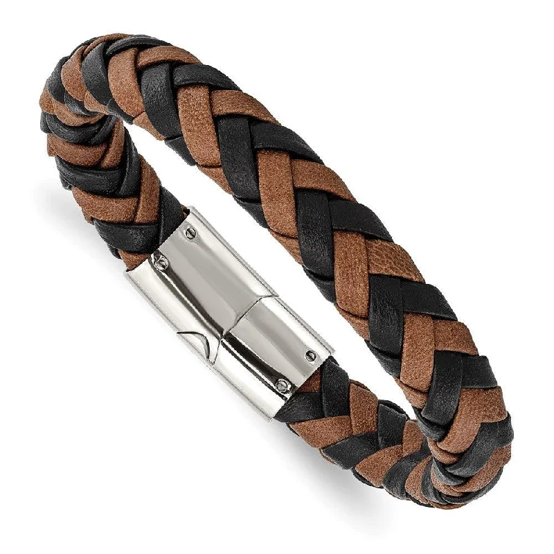 ladies bracelets limited edition-Stainless Steel Polished Black and Brown Leather 8.5in Bracelet