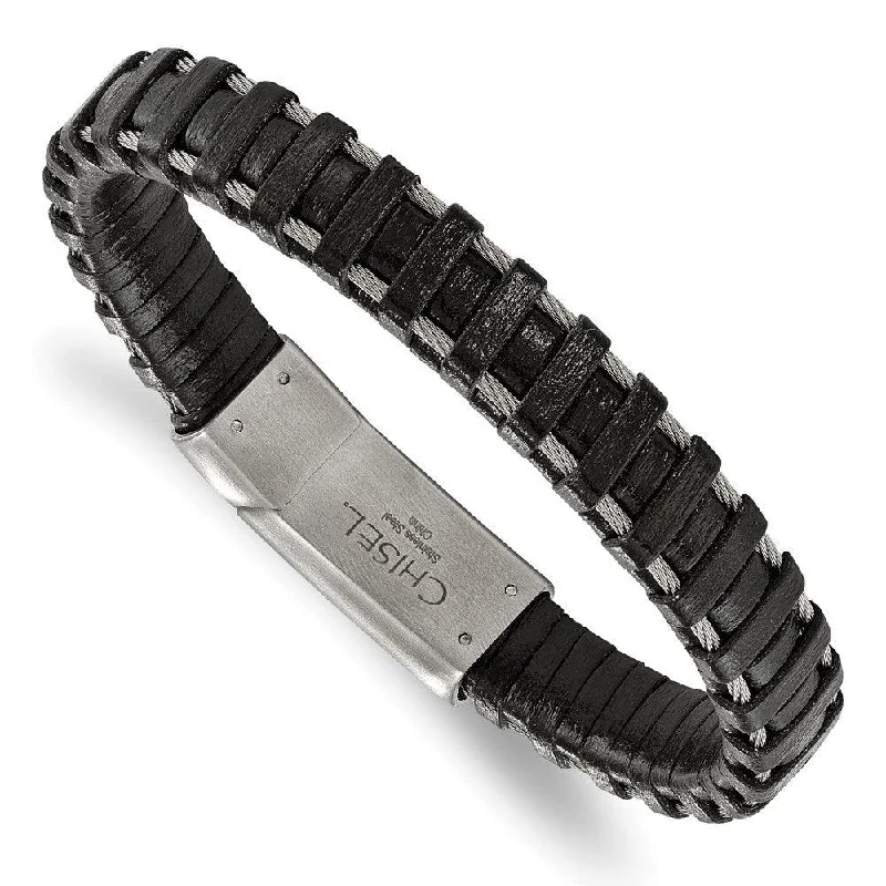 ladies bracelets affordable-Stainless Steel Brushed Cable and Black Leather Bracelet