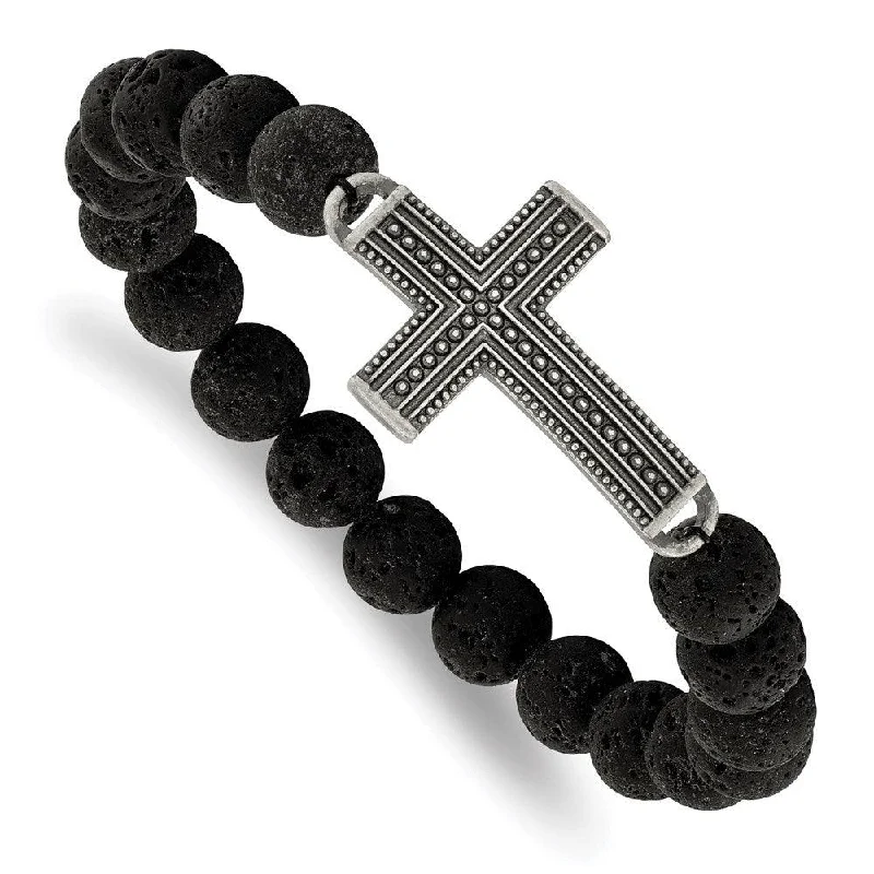 ladies bracelets geometric-Stainless Steel Antiqued GunMetal IP w/Lava Stone Cross Stretch Bracelet