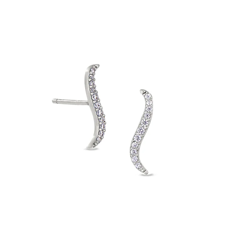 Ladies earrings beach vibe -Platinum Finish Sterling Silver Micropave Climber Earrings with Simulated Diamonds