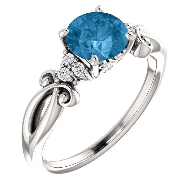 Ladies rings office wear -14KT GOLD 1.30 CT SWISS BLUE TOPAZ & 0.06 CTW DIAMOND ACCENT RING