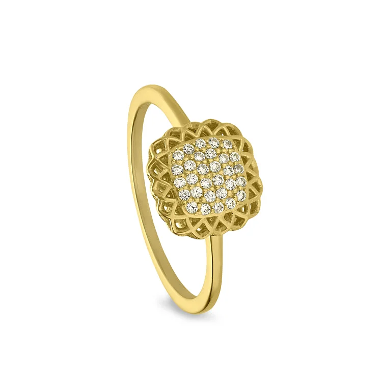 Ladies rings collector item -Gold Finish Sterling Silver Micropave Pillow with Filigree Edge Ring with Simulated Diamonds