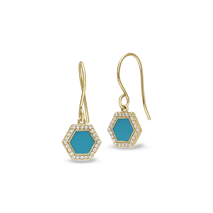 Ladies earrings graduation gift -Gold Finish Sterling Silver Micropave Turquoise Enamel Hexagon Earrings with Simulated Diamonds