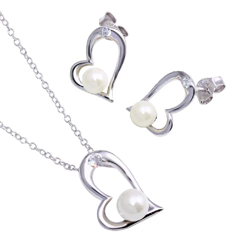 ladies necklaces online shop-Rhodium Plated 925 Sterling Silver Open Heart Pendant Necklace with Synthetic Pearl and CZ - STS00258