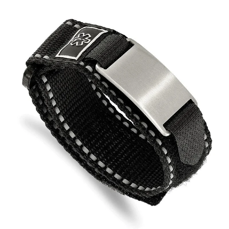 ladies bracelets heart-Stainless Steel Brushed Black Nylon w/Adj. Velcro Close Medical Bracelet