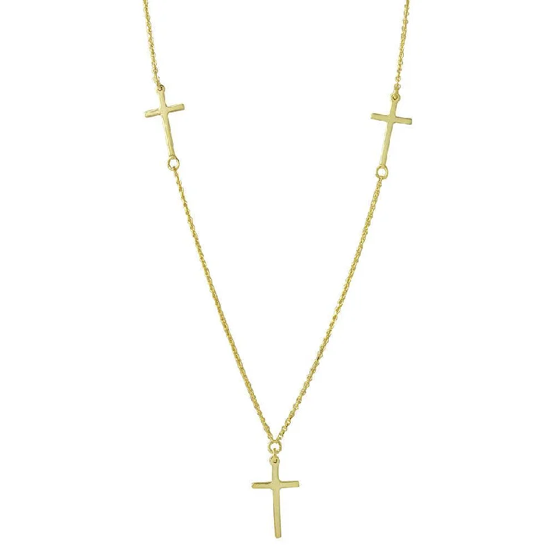 ladies necklaces long lasting-Silver 925 Gold Plated 3 Crosses Necklace - DIN00046GP