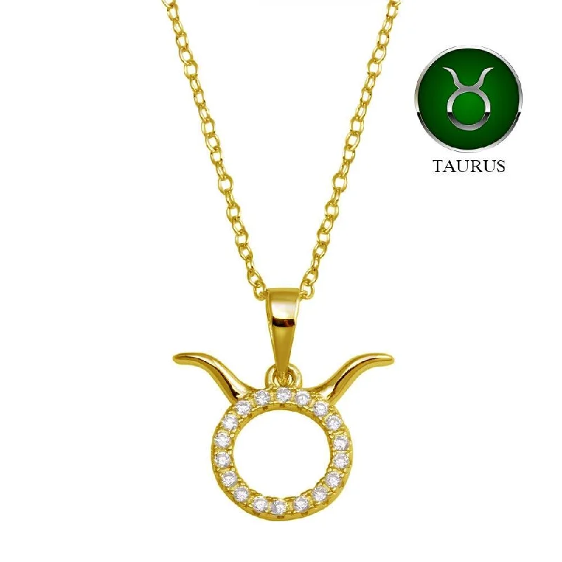 ladies necklaces patterned-Gold Plated 925 Sterling Silver Taurus CZ Zodiac Sign Necklace - BGP01334GP