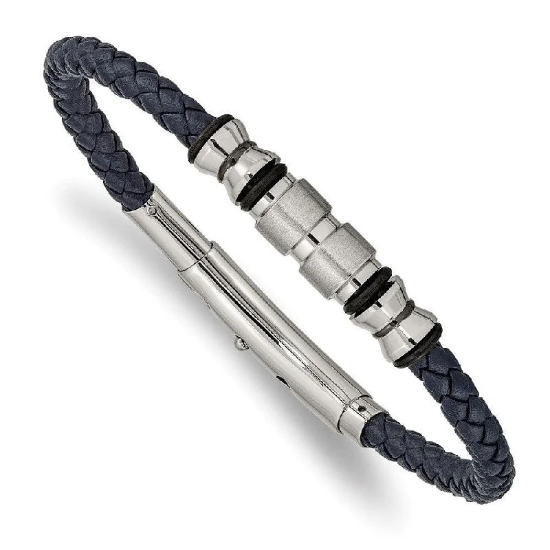 ladies bracelets timeless-Stainless Steel Brushed & Polished Blk IP/Rubber Blue Leather Adj. Bracelet