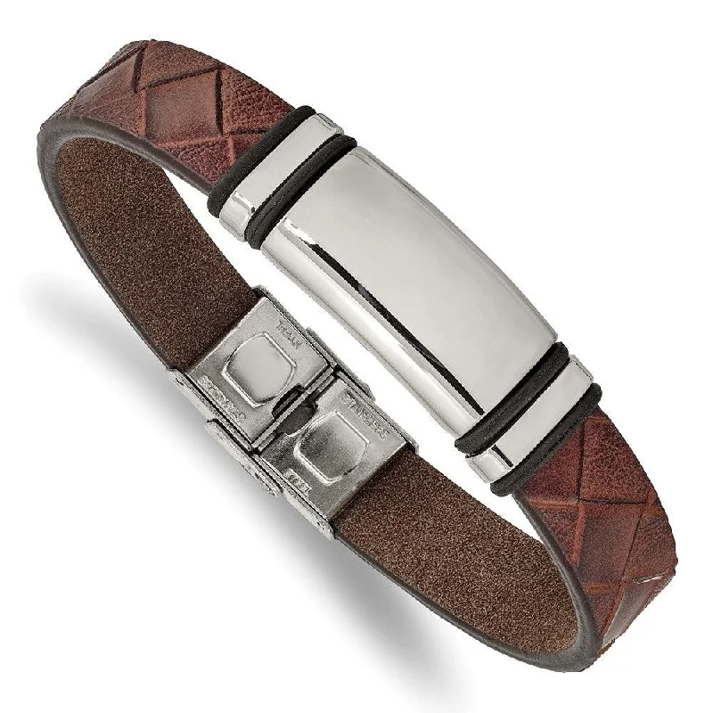 ladies bracelets travel friendly-Stainless Steel Polished Brown Faux Leather w/ Black Rubber ID Bracelet