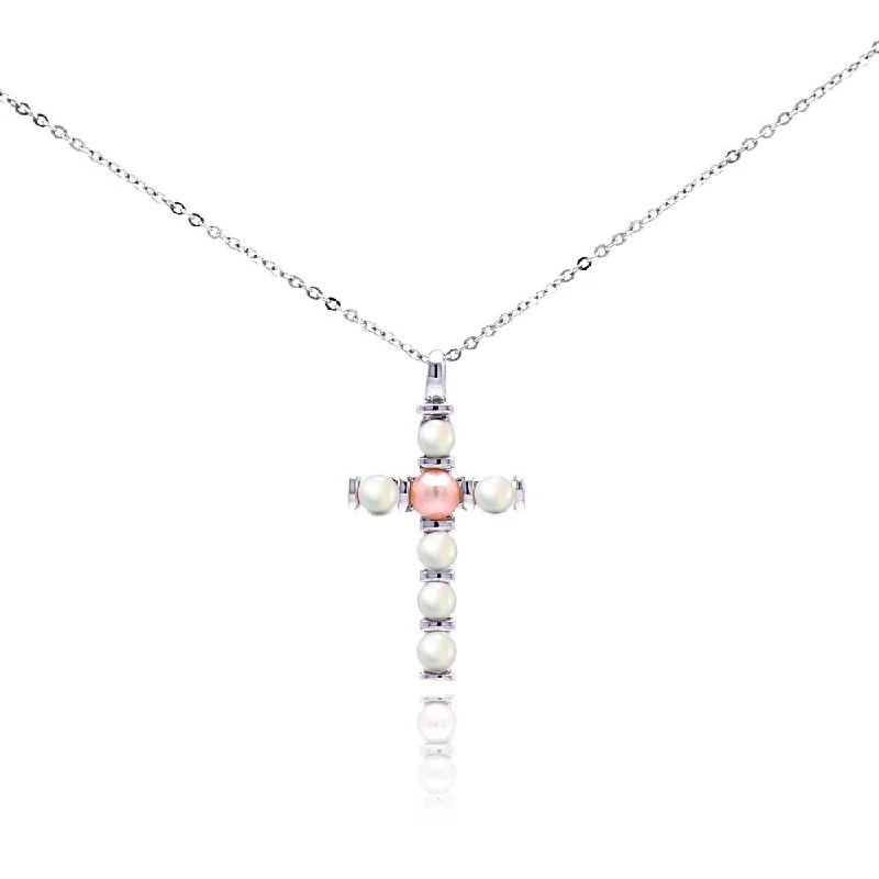 ladies necklaces rainbow-Silver 925 Rhodium Plated Pearl Cross Necklace - BGP00294