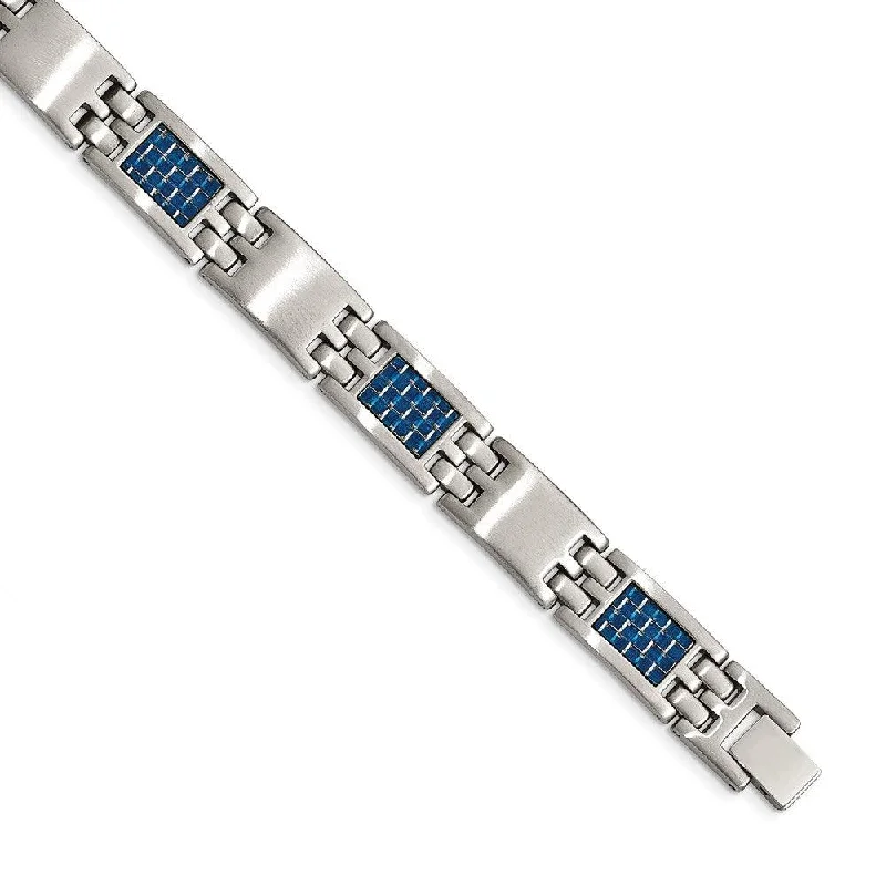 ladies bracelets unity-Stainless Steel Brushed with Blue Carbon Fiber Inlay Bracelet