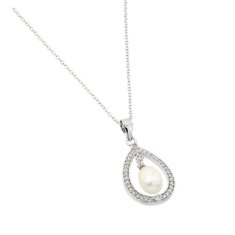 ladies necklaces natural-Silver 925 Rhodium Plated Fresh Water Pearl Surrounded by Clear CZ Pendant Necklace - BGP00974