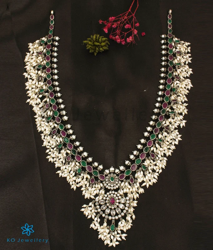 ladies necklaces christmas-The Tarini Silver Guttapusalu Necklace-Long (Red/Green/Oxidised)