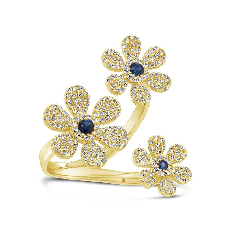 Ladies rings celtic knot -14KT GOLD 0.65 CTW SAPPHIRE & DIAMOND PAVÉ 3 FLOWER RING