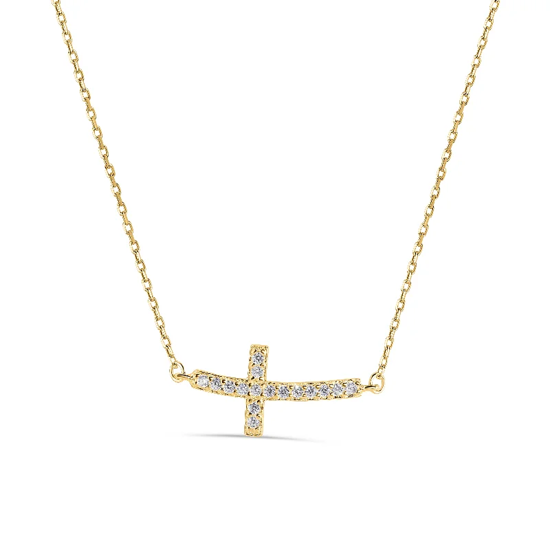 ladies necklaces contemporary-Silver 925 Gold Plated Curvy Sideways Cross CZ Necklace - BGP00647