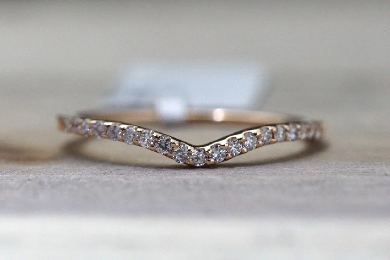 Ladies engagement rings bold diamond -14k Rose Gold V Groove Curve Dainty Thin Diamond Wedding Engagement Band Brilliant Cut Ring