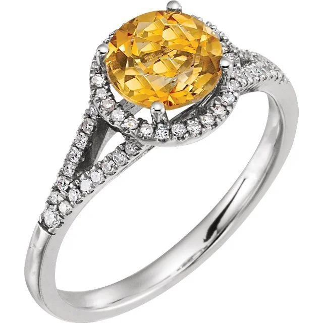 Ladies rings wood band -14KT WHITE GOLD 1.20 CT CITRINE & 1/6 CTW DIAMOND HALO RING