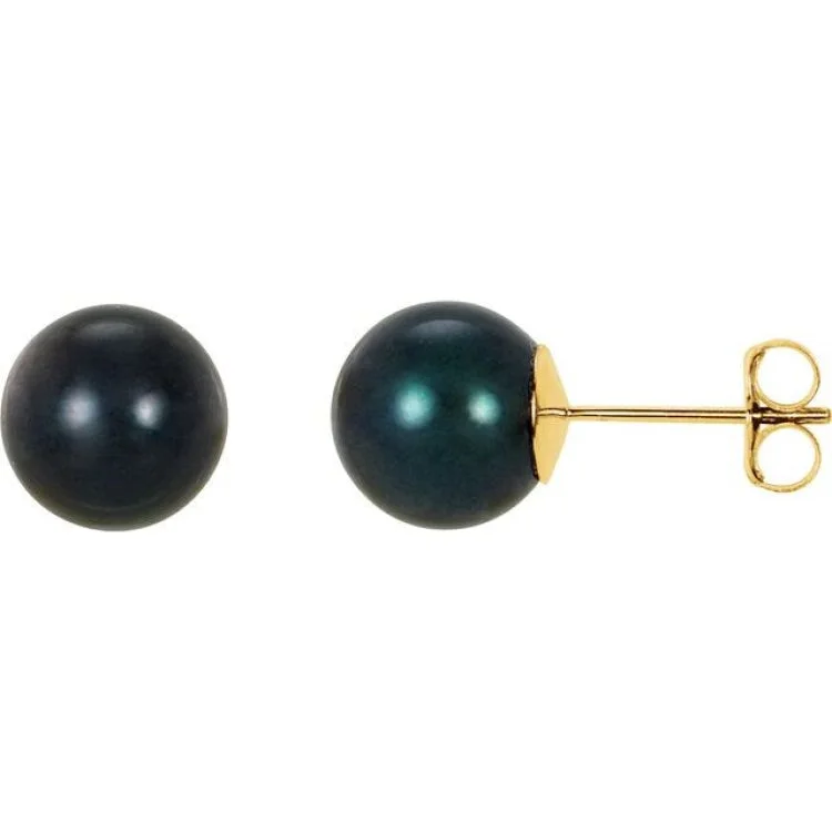 Ladies earrings maori symbol -14K Yellow 8 mm Cultured Black Akoya Pearl Earrings