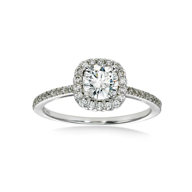 Ladies engagement rings star accent -Round Diamond Halo Engagement Ring, .90 Carat Center, 14K White Gold