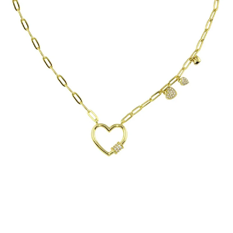 ladies necklaces single strand-Gold Plated 925 Sterling Silver Heart CZ  Paperclip Necklace - STP01802GP